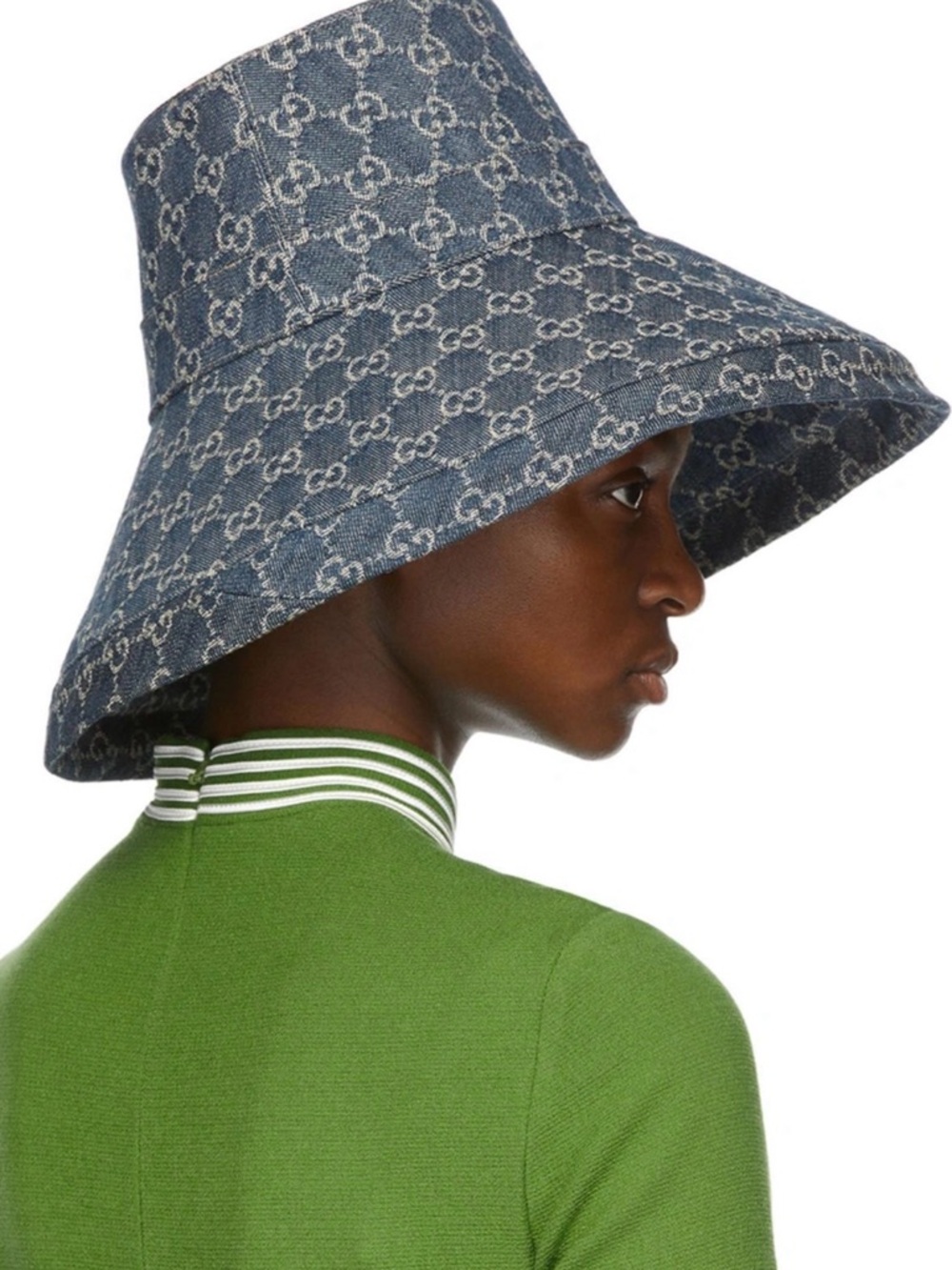Denim Monogram Bucket Hat Large Wide Brim Jacquard Canvas Navy Blue Sun Beach - Picture 5 of 16